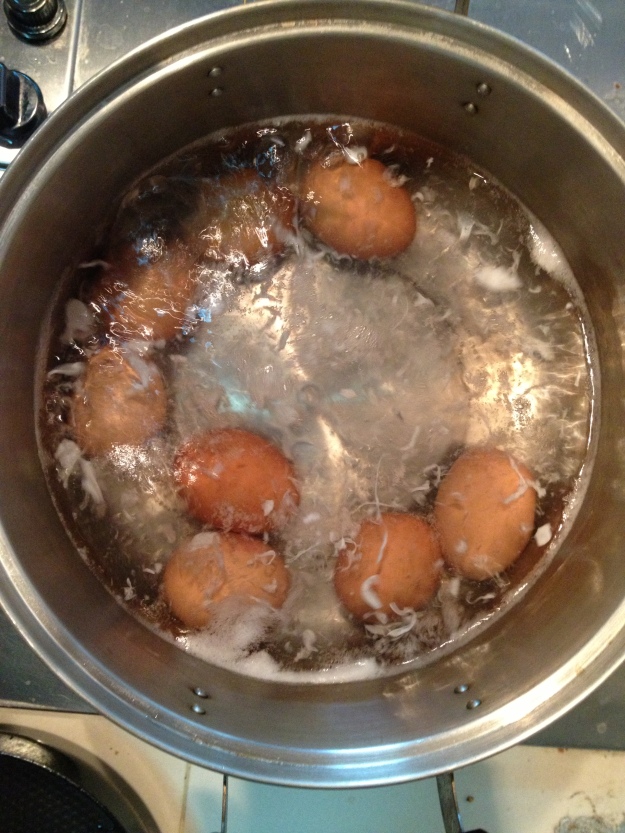 Cook the eggs in boiling water